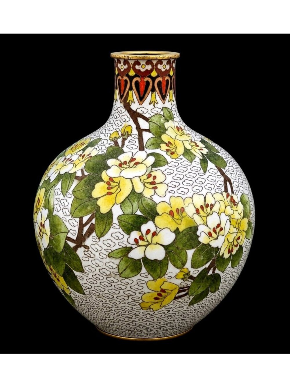 Cloisonne 8.5" Shiliu Zun Pomegranate Vase Yellow Azaleas White Gold Green